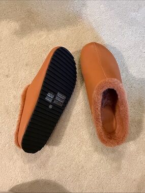 WeWoreWjay Cozy Faux Fur-Lined Mule Slippers in Rust - Vegan Leather